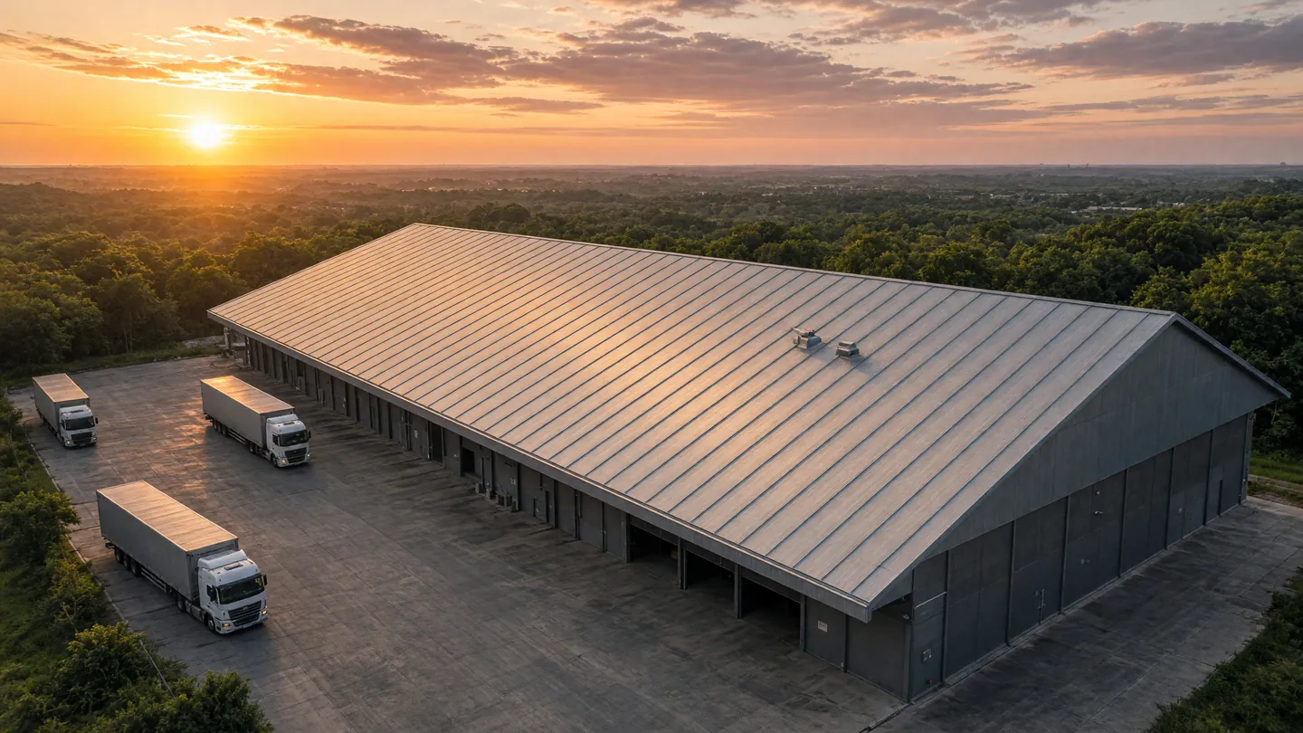Galpão industrial com telhado metálico ao pôr do sol, visto do alto, com caminhões no pátio (imagem ilustrativa)