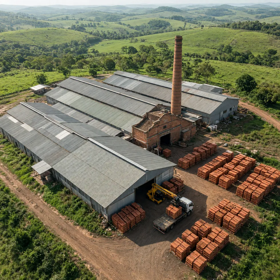 Vista aérea de uma fábrica de telhas cerâmicas com caminhão carregando no pátio (imagem ilustrativa)
